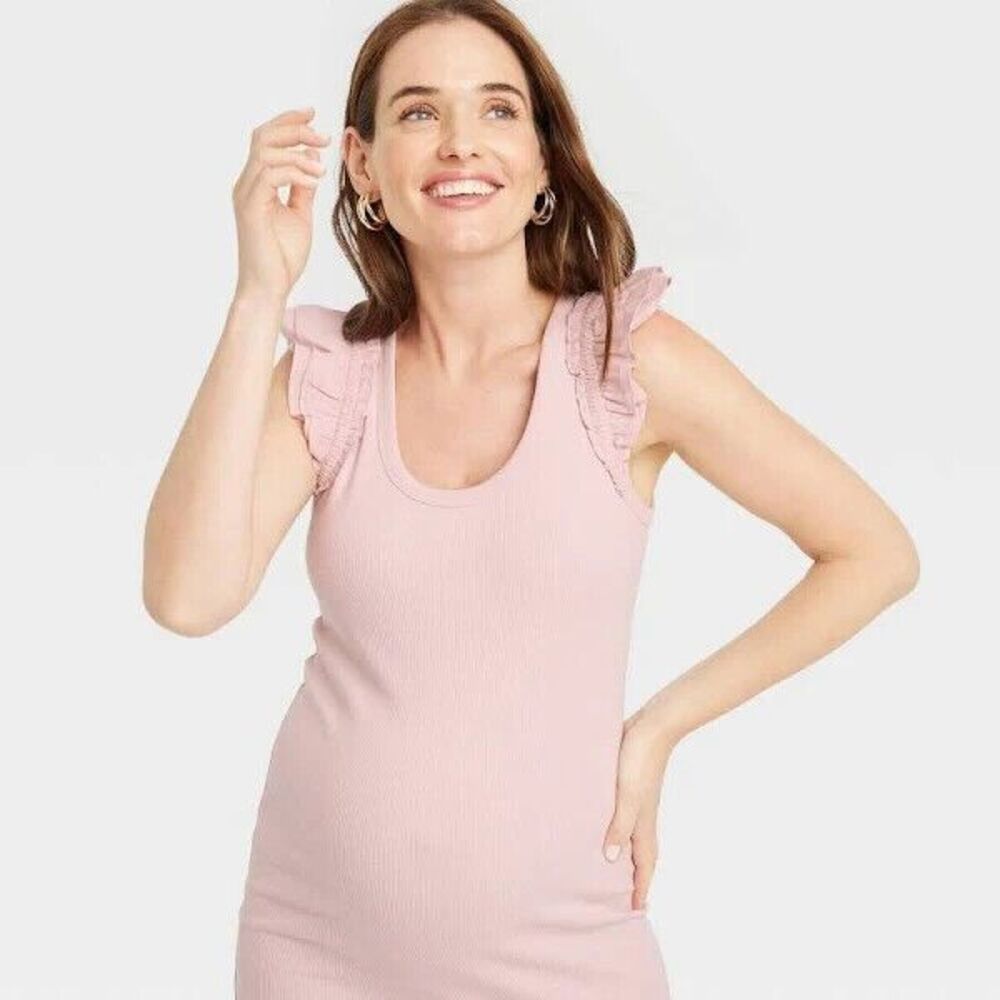 The Nines By Hatch Pink Ribbed Knit Ruffle Sleeve Midi Dress Size XXL Maternity